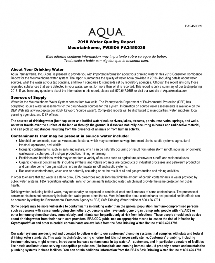 Mountainhome Drinking Water Quality Report 2018 - AQUA