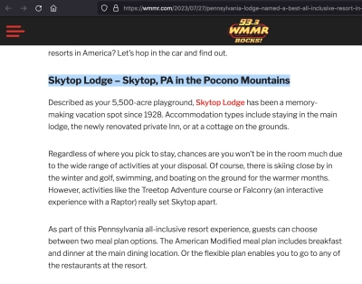 WMMR Feature: [Skytop] Lodge Named A Best All-Inclusive Resort In America