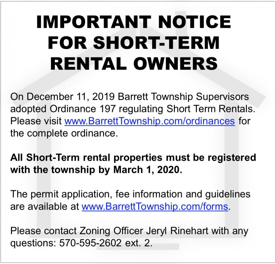 PUBLIC NOTICE - Important notice for Barrett Township Short Term Rental Owners