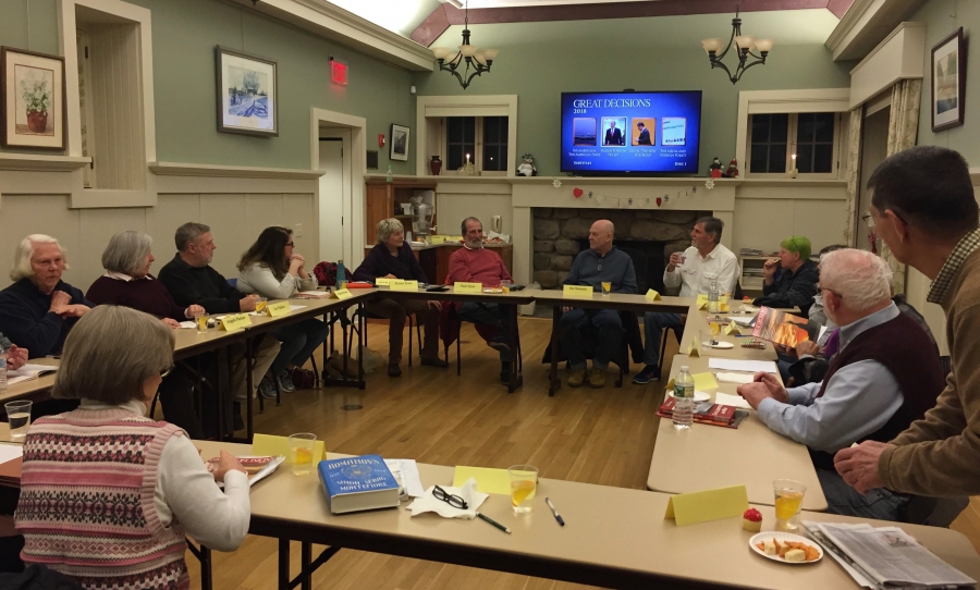 About 20 residents meet in February and March to discuss foreign policy in the weekly “Great Decisions” series held at the Friendly Community Library and led by Karen and Paul Tetor.