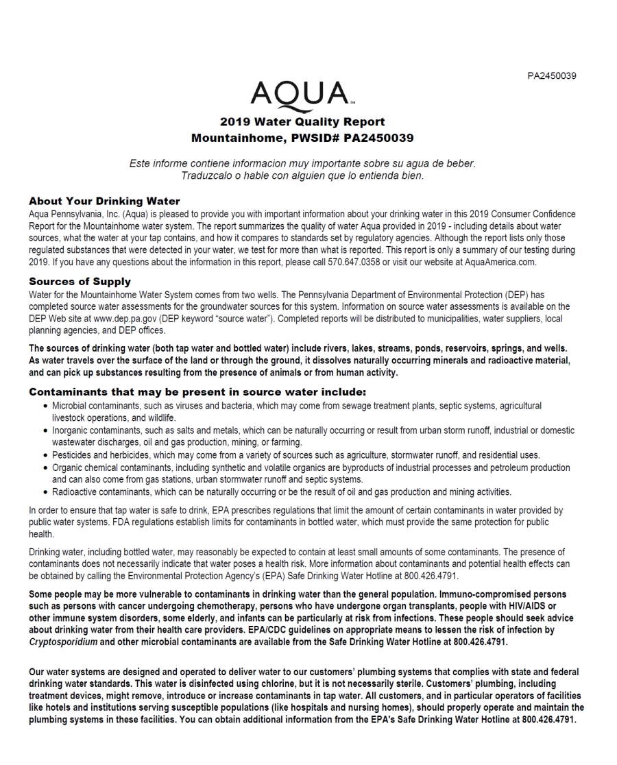 2019 Water Quality Report: Mountainhome, PA