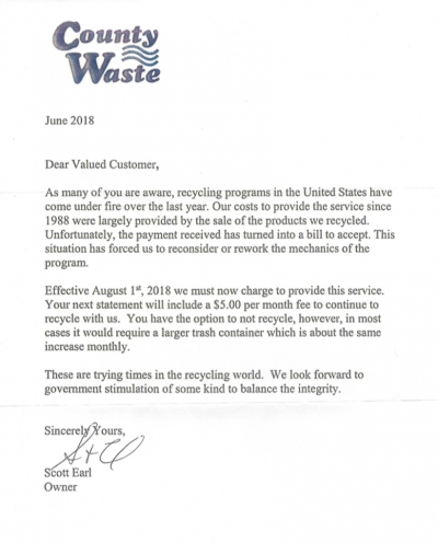 Letter from County Waste: Increase in Recycling Fees
