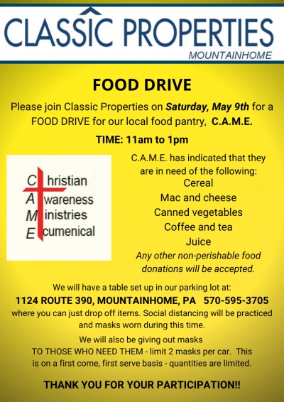 via Classic Properties - Donation Drive For Our Canadensis Food Pantry (May 2020)